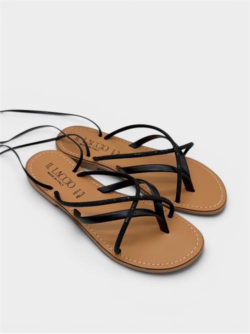 Sandalo flat in pelle nera con laccetti e strass IL LACCIO | LIDO715PELLENERO